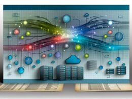 Stilisiertes, leuchtendes Daten-Netzwerk verbindet Datenpunkte und moderne System-Icons mit einem Dashboard, vor dem verblasste alte IT-Strukturen angedeutet werden.