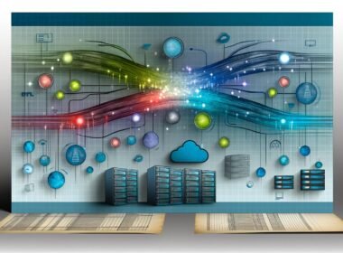 Stilisiertes, leuchtendes Daten-Netzwerk verbindet Datenpunkte und moderne System-Icons mit einem Dashboard, vor dem verblasste alte IT-Strukturen angedeutet werden.