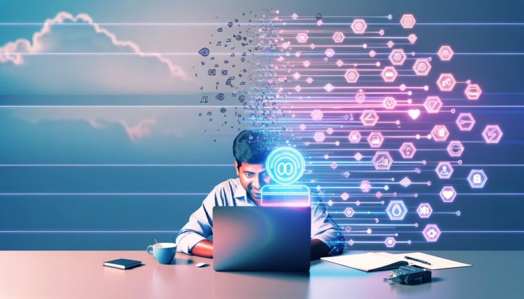 Moderne Illustration eines offenen Laptops mit Video-Editing-Elementen, automatischen Untertiteln, KI-Symbolen und abstraktem digitalen Netzwerk im Hintergrund. Eine Person arbeitet kreativ am Interface.