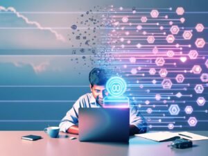 Moderne Illustration eines offenen Laptops mit Video-Editing-Elementen, automatischen Untertiteln, KI-Symbolen und abstraktem digitalen Netzwerk im Hintergrund. Eine Person arbeitet kreativ am Interface.