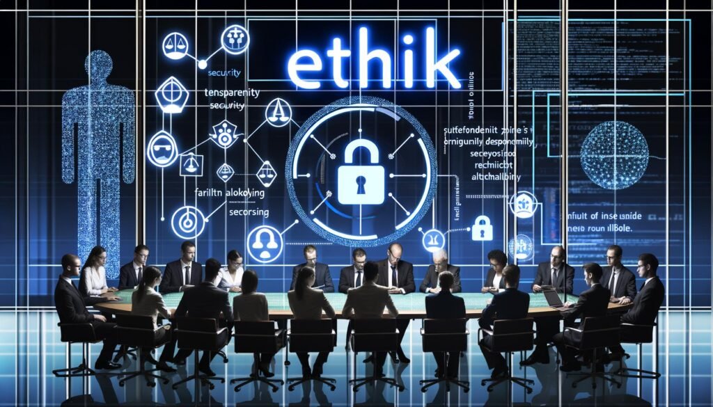 Büroszene mit diversen Mitarbeitern vor einem digitalen Dashboard, das Datenströme, Sicherheit, Fairness und Algorithmen anzeigt. Das Wort ‚Ethik‘ leuchtet zentral darüber.
