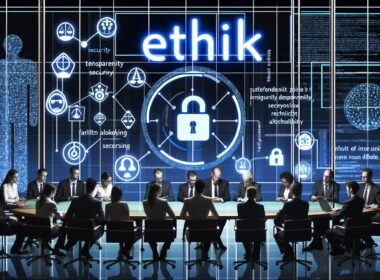 Büroszene mit diversen Mitarbeitern vor einem digitalen Dashboard, das Datenströme, Sicherheit, Fairness und Algorithmen anzeigt. Das Wort ‚Ethik‘ leuchtet zentral darüber.