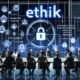 Büroszene mit diversen Mitarbeitern vor einem digitalen Dashboard, das Datenströme, Sicherheit, Fairness und Algorithmen anzeigt. Das Wort ‚Ethik‘ leuchtet zentral darüber.