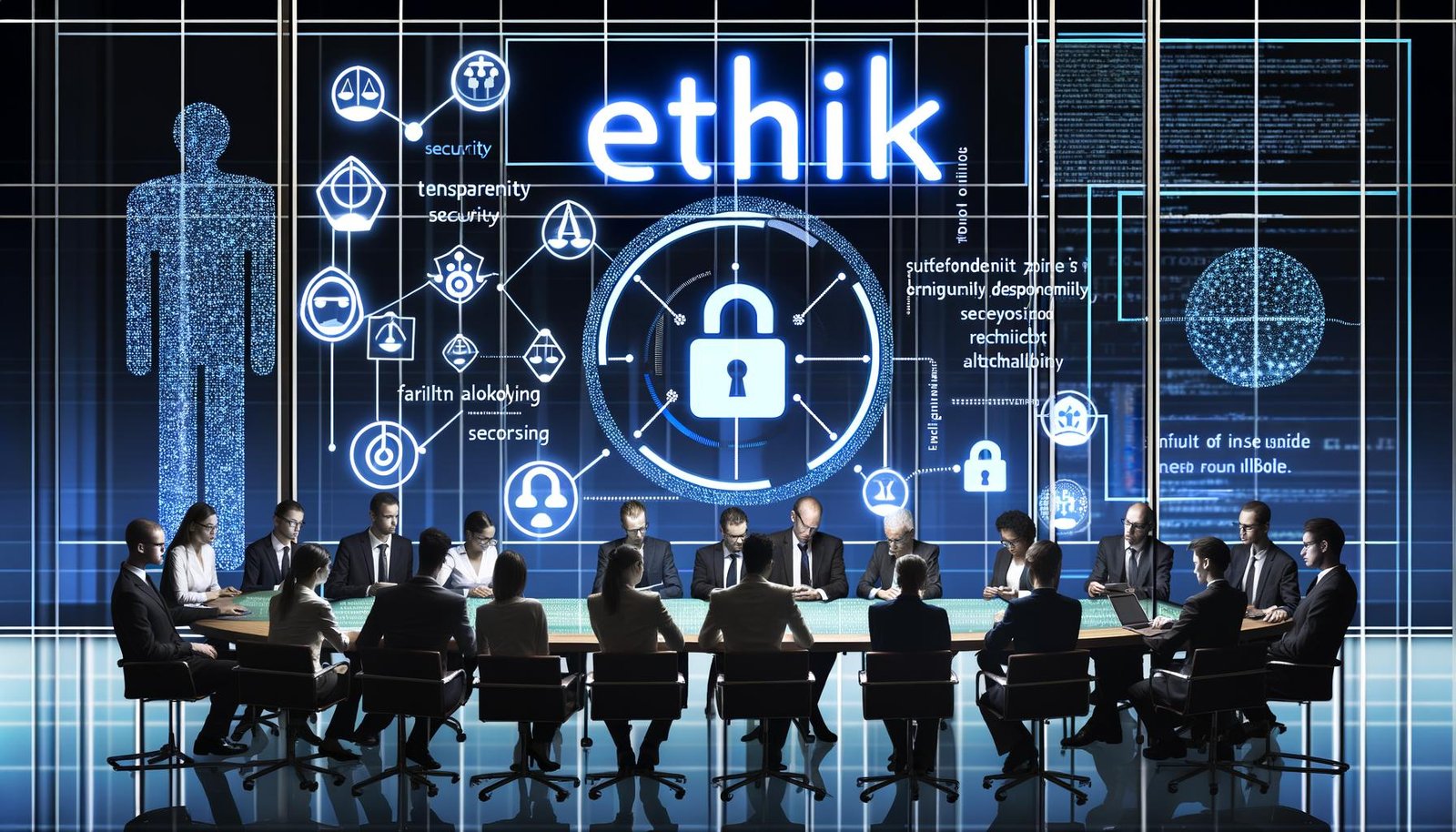 Büroszene mit diversen Mitarbeitern vor einem digitalen Dashboard, das Datenströme, Sicherheit, Fairness und Algorithmen anzeigt. Das Wort ‚Ethik‘ leuchtet zentral darüber.