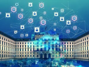 Transparente, moderne Illustration eines Regierungsgebäudes mit Blockchain-Netzwerk, digitalen Symbolen und Umrissen von Deutschland, Österreich und der Schweiz im Hintergrund.