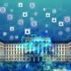 Transparente, moderne Illustration eines Regierungsgebäudes mit Blockchain-Netzwerk, digitalen Symbolen und Umrissen von Deutschland, Österreich und der Schweiz im Hintergrund.