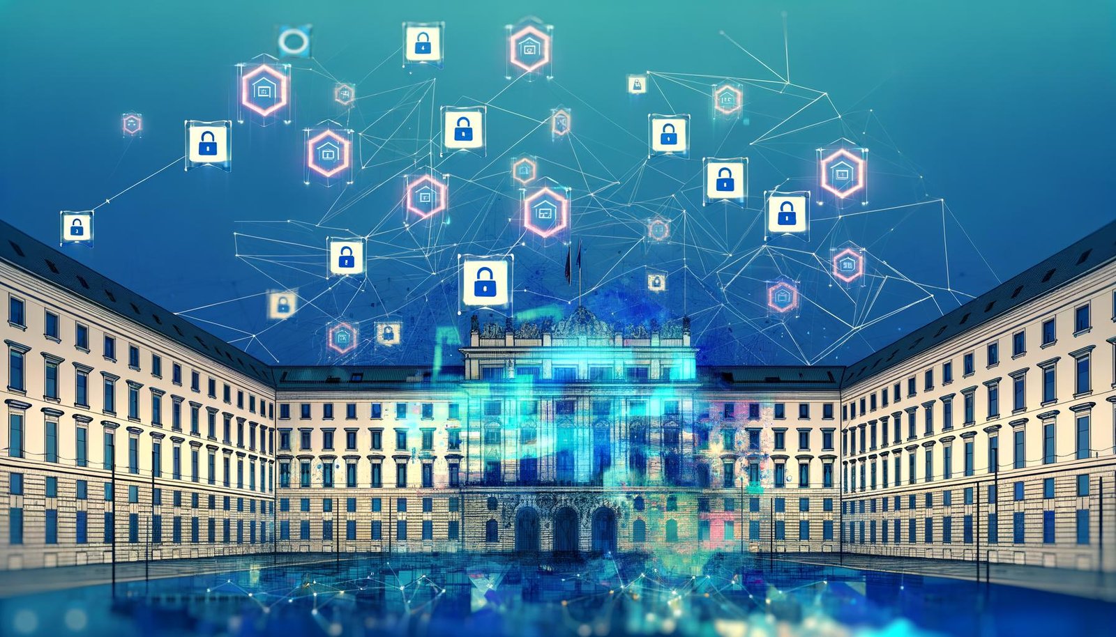 Transparente, moderne Illustration eines Regierungsgebäudes mit Blockchain-Netzwerk, digitalen Symbolen und Umrissen von Deutschland, Österreich und der Schweiz im Hintergrund.