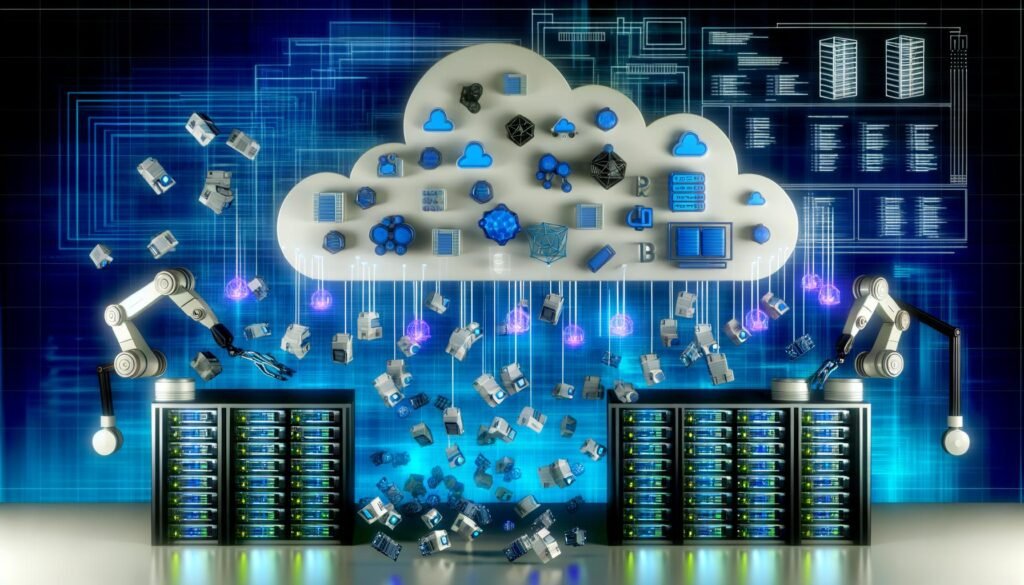 Futuristische Serverlandschaft mit verstreuten Serverracks, Datensymbolen, Roboterarmen und leuchtendem zentralen Datenpool in kühlen Blau- und Neontönen.