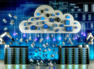 Futuristische Serverlandschaft mit verstreuten Serverracks, Datensymbolen, Roboterarmen und leuchtendem zentralen Datenpool in kühlen Blau- und Neontönen.