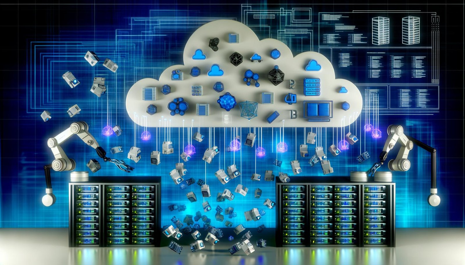 Futuristische Serverlandschaft mit verstreuten Serverracks, Datensymbolen, Roboterarmen und leuchtendem zentralen Datenpool in kühlen Blau- und Neontönen.