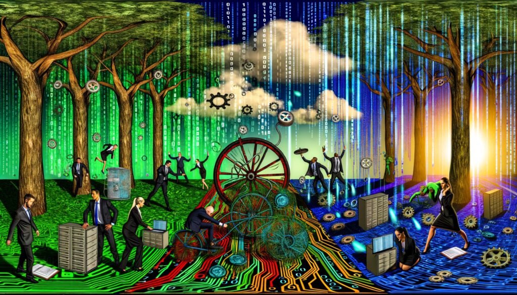 Geschäftsleute schieben ein defektes Fahrrad durch einen digitalen Dschungel, umgeben von Datenströmen, alten Servern und Cloud-Symbolen, die den Übergang zu geordneter Datenintegration und KI symbolisieren.