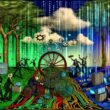Geschäftsleute schieben ein defektes Fahrrad durch einen digitalen Dschungel, umgeben von Datenströmen, alten Servern und Cloud-Symbolen, die den Übergang zu geordneter Datenintegration und KI symbolisieren.