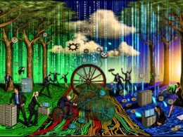 Geschäftsleute schieben ein defektes Fahrrad durch einen digitalen Dschungel, umgeben von Datenströmen, alten Servern und Cloud-Symbolen, die den Übergang zu geordneter Datenintegration und KI symbolisieren.