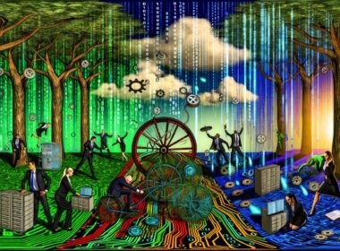 Geschäftsleute schieben ein defektes Fahrrad durch einen digitalen Dschungel, umgeben von Datenströmen, alten Servern und Cloud-Symbolen, die den Übergang zu geordneter Datenintegration und KI symbolisieren.