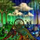 Geschäftsleute schieben ein defektes Fahrrad durch einen digitalen Dschungel, umgeben von Datenströmen, alten Servern und Cloud-Symbolen, die den Übergang zu geordneter Datenintegration und KI symbolisieren.