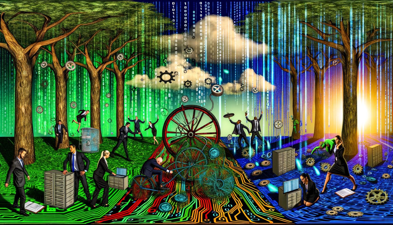 Geschäftsleute schieben ein defektes Fahrrad durch einen digitalen Dschungel, umgeben von Datenströmen, alten Servern und Cloud-Symbolen, die den Übergang zu geordneter Datenintegration und KI symbolisieren.