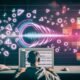Person arbeitet mit Notion auf einem Laptop, während Text auf dem Bildschirm nahtlos in eine Audio-Wellenform umgewandelt wird. Schwebende KI- und Audio-Icons, helle Farben und digitale Grafiken schaffen eine moderne Atmosphäre.