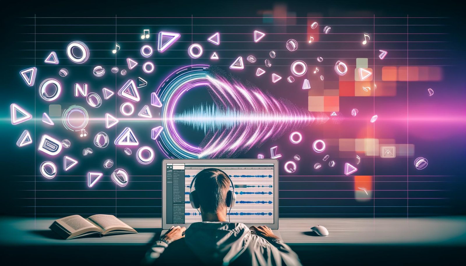 Person arbeitet mit Notion auf einem Laptop, während Text auf dem Bildschirm nahtlos in eine Audio-Wellenform umgewandelt wird. Schwebende KI- und Audio-Icons, helle Farben und digitale Grafiken schaffen eine moderne Atmosphäre.