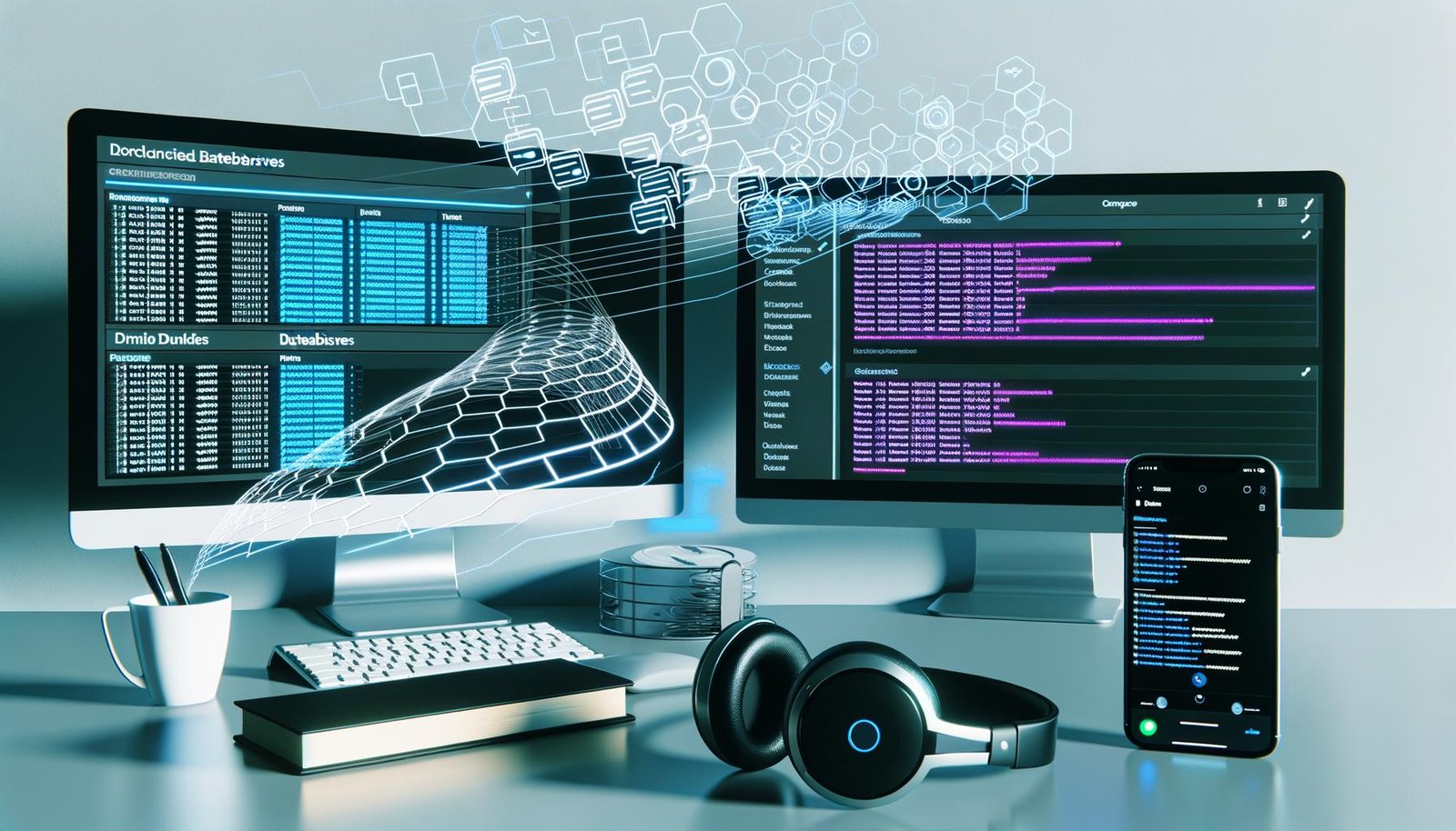Modernes Homeoffice mit mehreren Monitoren, Notion-Oberfläche, E-Mail-Chaos, To-Do-Listen, Smartphone mit Aufnahme-App, Kopfhörern und visualisierten KI-Automatisierungen im Cyberpunk-Stil.