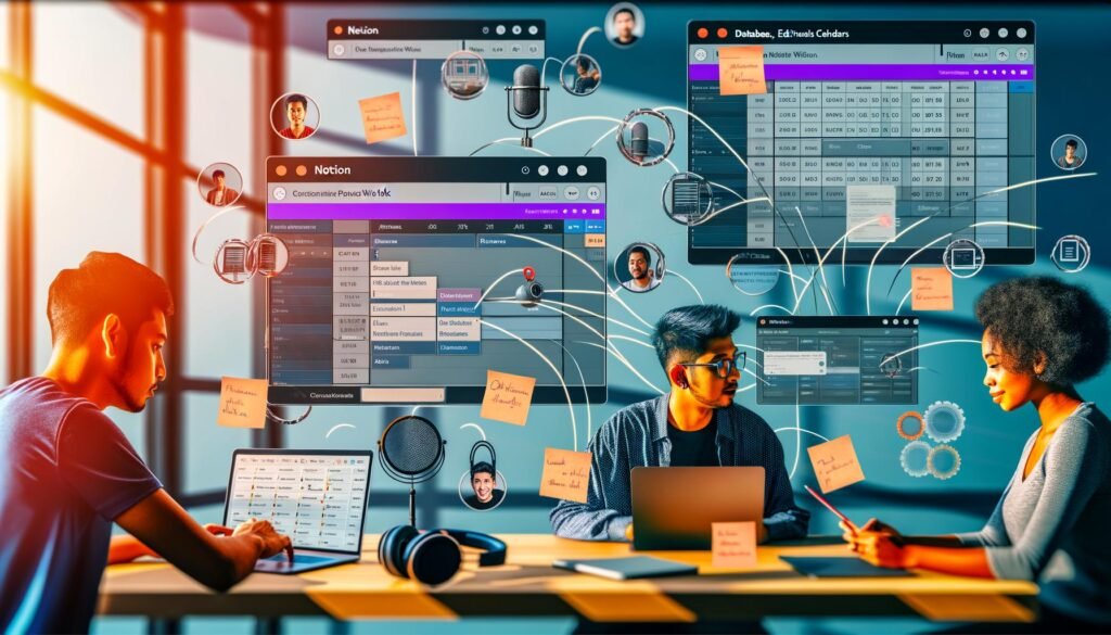 Junge, diverse Marketer arbeiten in einem lichtdurchfluteten Büro an Notion-Workflows für die Podcast-Produktion mit Laptops, Tablets, Mikrofon, Kopfhörern und Social-Media-Symbolen.