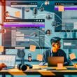 Junge, diverse Marketer arbeiten in einem lichtdurchfluteten Büro an Notion-Workflows für die Podcast-Produktion mit Laptops, Tablets, Mikrofon, Kopfhörern und Social-Media-Symbolen.