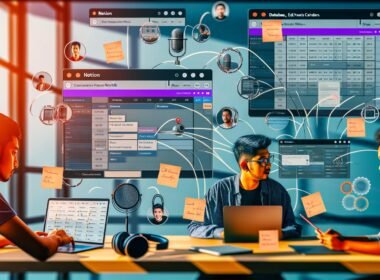 Junge, diverse Marketer arbeiten in einem lichtdurchfluteten Büro an Notion-Workflows für die Podcast-Produktion mit Laptops, Tablets, Mikrofon, Kopfhörern und Social-Media-Symbolen.