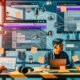 Junge, diverse Marketer arbeiten in einem lichtdurchfluteten Büro an Notion-Workflows für die Podcast-Produktion mit Laptops, Tablets, Mikrofon, Kopfhörern und Social-Media-Symbolen.