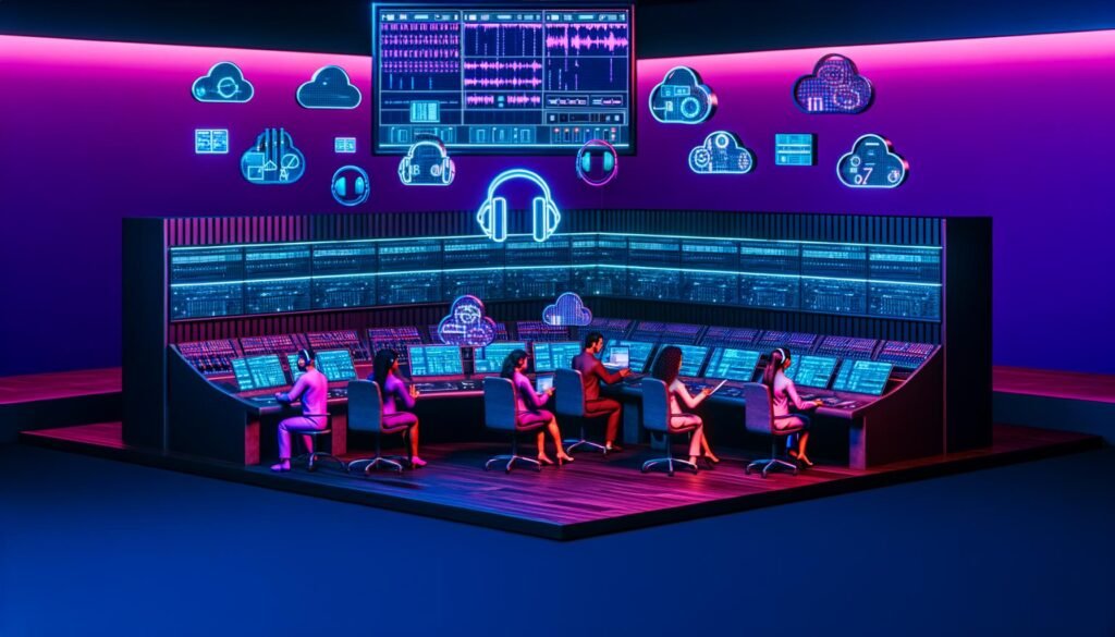 Futuristischer Kontrollraum mit Neonlicht, Musikproduktions-Equipment, organisierten Notion-Dashboards und kollaborierenden Produzenten.