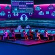 Futuristischer Kontrollraum mit Neonlicht, Musikproduktions-Equipment, organisierten Notion-Dashboards und kollaborierenden Produzenten.