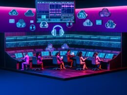Futuristischer Kontrollraum mit Neonlicht, Musikproduktions-Equipment, organisierten Notion-Dashboards und kollaborierenden Produzenten.