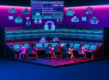 Futuristischer Kontrollraum mit Neonlicht, Musikproduktions-Equipment, organisierten Notion-Dashboards und kollaborierenden Produzenten.