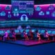 Futuristischer Kontrollraum mit Neonlicht, Musikproduktions-Equipment, organisierten Notion-Dashboards und kollaborierenden Produzenten.
