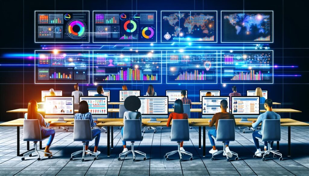 Modernes Büro mit mehreren Monitoren, Echtzeit-Dashboards, Social-Media-Anzeigen und zentraler Serververnetzung, in dem junge Marketer an digitalen Projekten arbeiten.