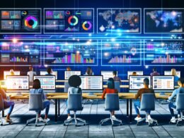 Modernes Büro mit mehreren Monitoren, Echtzeit-Dashboards, Social-Media-Anzeigen und zentraler Serververnetzung, in dem junge Marketer an digitalen Projekten arbeiten.