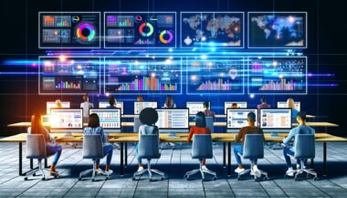 Modernes Büro mit mehreren Monitoren, Echtzeit-Dashboards, Social-Media-Anzeigen und zentraler Serververnetzung, in dem junge Marketer an digitalen Projekten arbeiten.