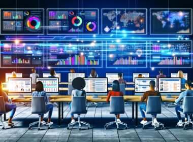 Modernes Büro mit mehreren Monitoren, Echtzeit-Dashboards, Social-Media-Anzeigen und zentraler Serververnetzung, in dem junge Marketer an digitalen Projekten arbeiten.