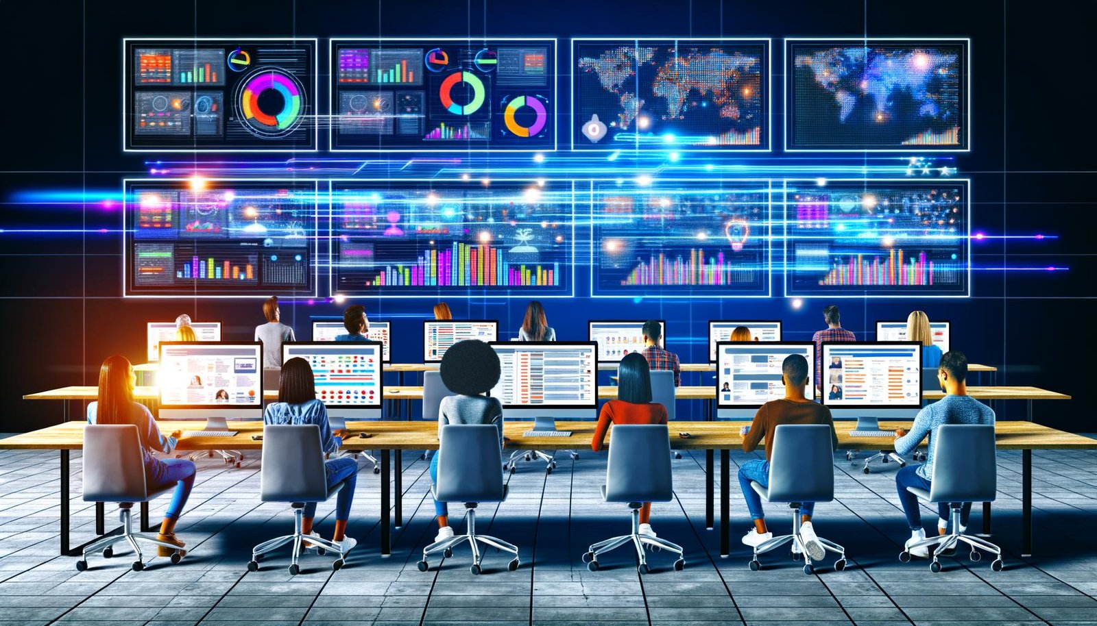 Modernes Büro mit mehreren Monitoren, Echtzeit-Dashboards, Social-Media-Anzeigen und zentraler Serververnetzung, in dem junge Marketer an digitalen Projekten arbeiten.