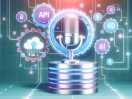 Illustratives Titelbild mit modernem Podcast-Mikrofon, Notion-Logos, API-Icons, Flow-Pfeilen und stilisierten Datenbanken auf futuristischem, technisch anmutendem Hintergrund in kühlen Farben.