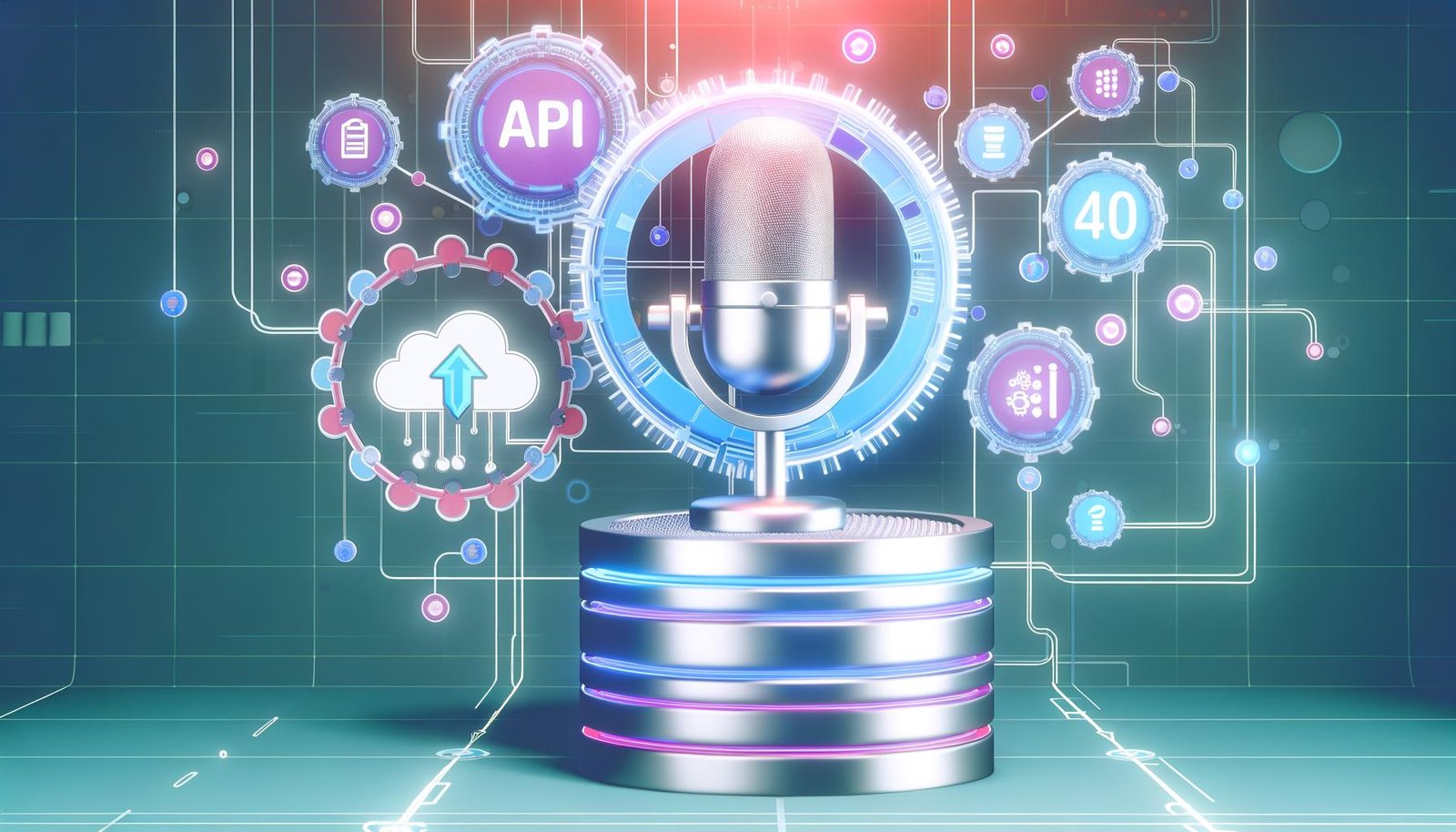 Illustratives Titelbild mit modernem Podcast-Mikrofon, Notion-Logos, API-Icons, Flow-Pfeilen und stilisierten Datenbanken auf futuristischem, technisch anmutendem Hintergrund in kühlen Farben.