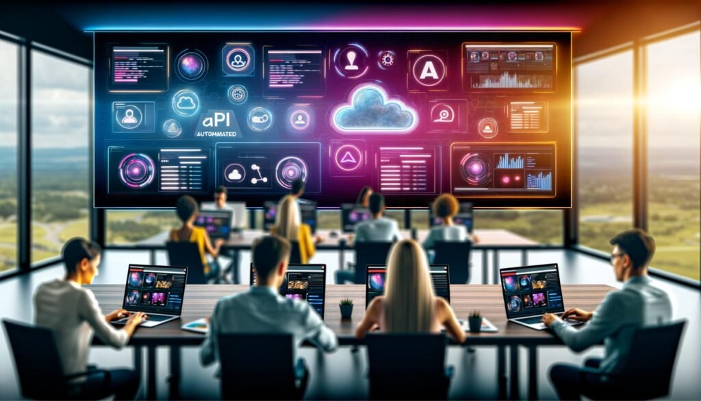 Marketing-Profis verschiedener Herkunft arbeiten gemeinsam an Laptops in einem modernen Büro, große Monitore zeigen die automatisierte Videoproduktion und Distribution auf Social Media Plattformen, unterstützt durch KI-, API- und Cloud-Symbole im hintergrund.
