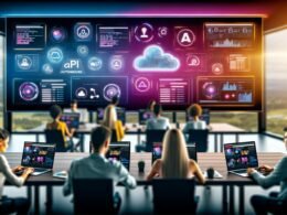 Marketing-Profis verschiedener Herkunft arbeiten gemeinsam an Laptops in einem modernen Büro, große Monitore zeigen die automatisierte Videoproduktion und Distribution auf Social Media Plattformen, unterstützt durch KI-, API- und Cloud-Symbole im hintergrund.