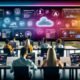Marketing-Profis verschiedener Herkunft arbeiten gemeinsam an Laptops in einem modernen Büro, große Monitore zeigen die automatisierte Videoproduktion und Distribution auf Social Media Plattformen, unterstützt durch KI-, API- und Cloud-Symbole im hintergrund.
