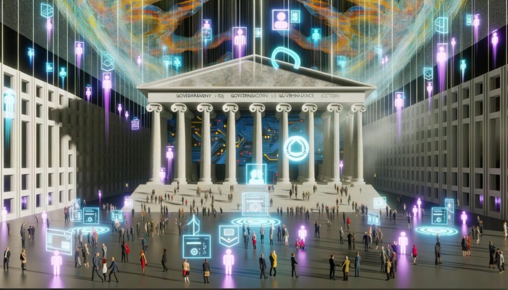 Futuristisches Regierungsgebäude mit digitaler Architektur, Bürgern an virtuellen Terminals und holografischen Datenströmen zu E-Government-Themen wie Transparenz, Datenschutz und Governance.