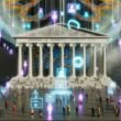Futuristisches Regierungsgebäude mit digitaler Architektur, Bürgern an virtuellen Terminals und holografischen Datenströmen zu E-Government-Themen wie Transparenz, Datenschutz und Governance.