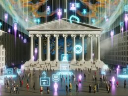 Futuristisches Regierungsgebäude mit digitaler Architektur, Bürgern an virtuellen Terminals und holografischen Datenströmen zu E-Government-Themen wie Transparenz, Datenschutz und Governance.