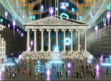 Futuristisches Regierungsgebäude mit digitaler Architektur, Bürgern an virtuellen Terminals und holografischen Datenströmen zu E-Government-Themen wie Transparenz, Datenschutz und Governance.