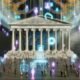 Futuristisches Regierungsgebäude mit digitaler Architektur, Bürgern an virtuellen Terminals und holografischen Datenströmen zu E-Government-Themen wie Transparenz, Datenschutz und Governance.