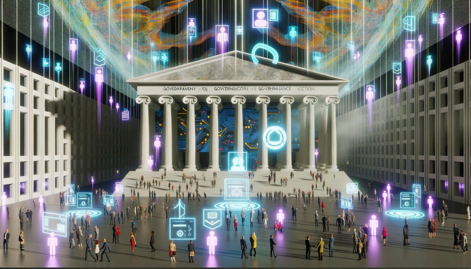 Futuristisches Regierungsgebäude mit digitaler Architektur, Bürgern an virtuellen Terminals und holografischen Datenströmen zu E-Government-Themen wie Transparenz, Datenschutz und Governance.