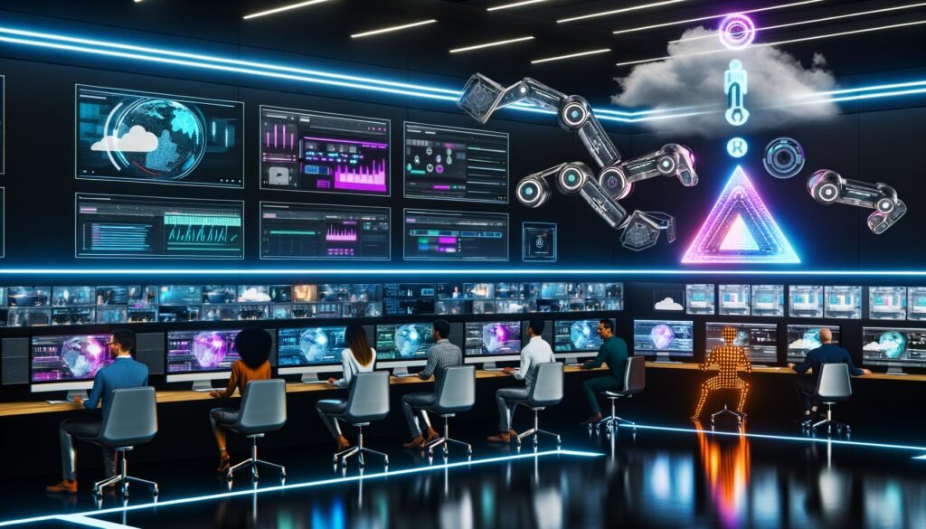 Futuristischer, technoider Arbeitsplatz mit Neonlichtern, holografischen Interfaces und automatisierten Videoprozessen in innovativem Teamumfeld.