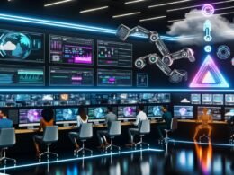 Futuristischer, technoider Arbeitsplatz mit Neonlichtern, holografischen Interfaces und automatisierten Videoprozessen in innovativem Teamumfeld.